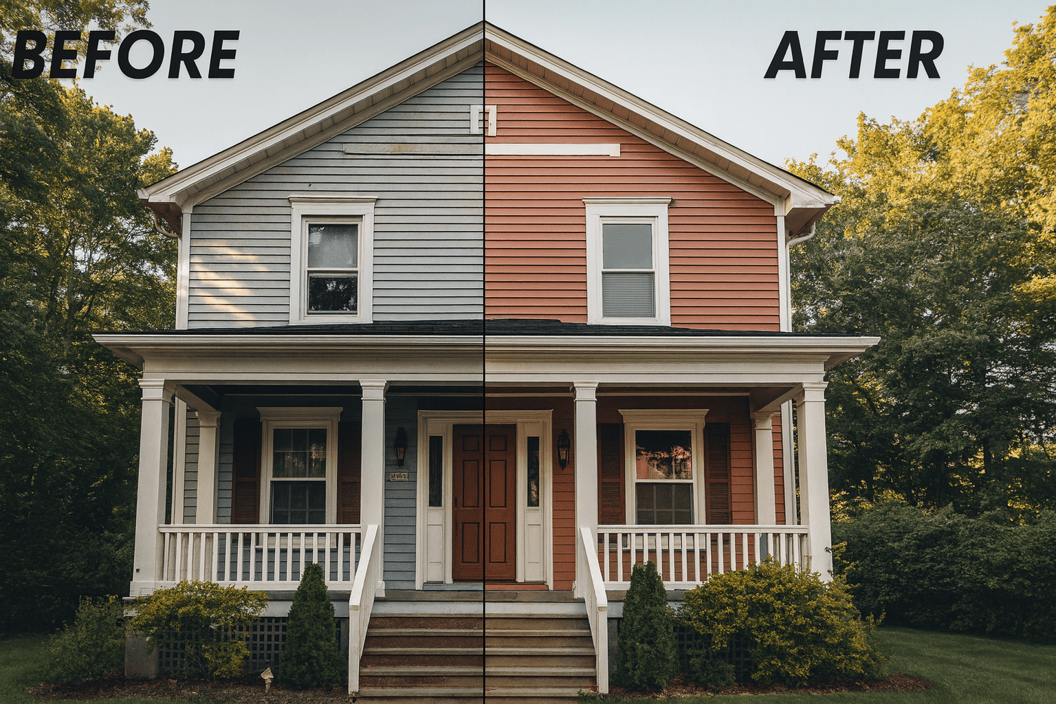 Before and after exterior house painting transformation